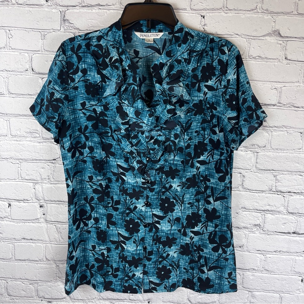 Pendleton Floral 100% Silk Top Blouse Women’s‎ 10 Blue Floral Ruffles Button Up